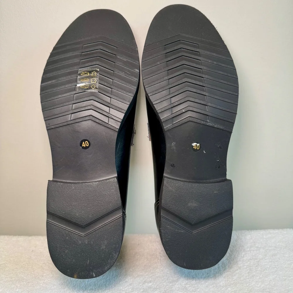 All Black Leather Clip & Stitch Slip On Loafers Contrast Stitching Size 40
